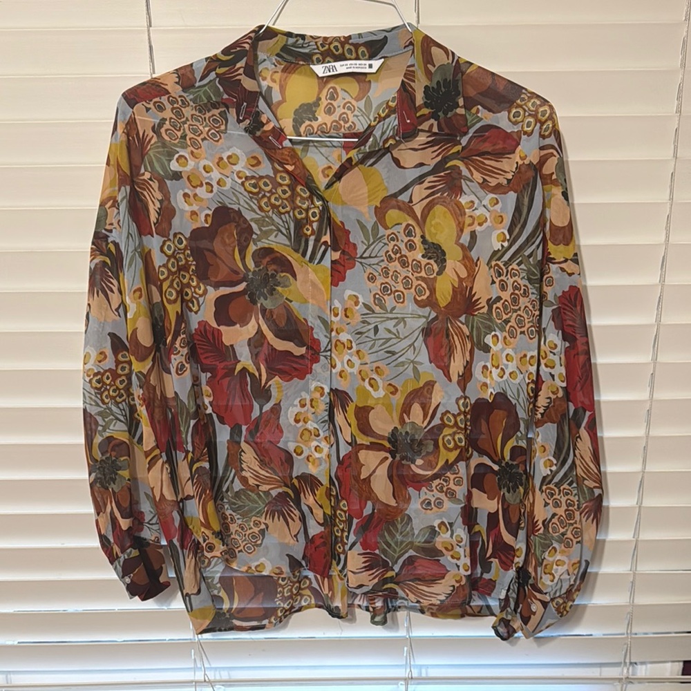 ZARA - WOMEN’S SEMI SHEER FLORAL BLOUSE - SIZE XS